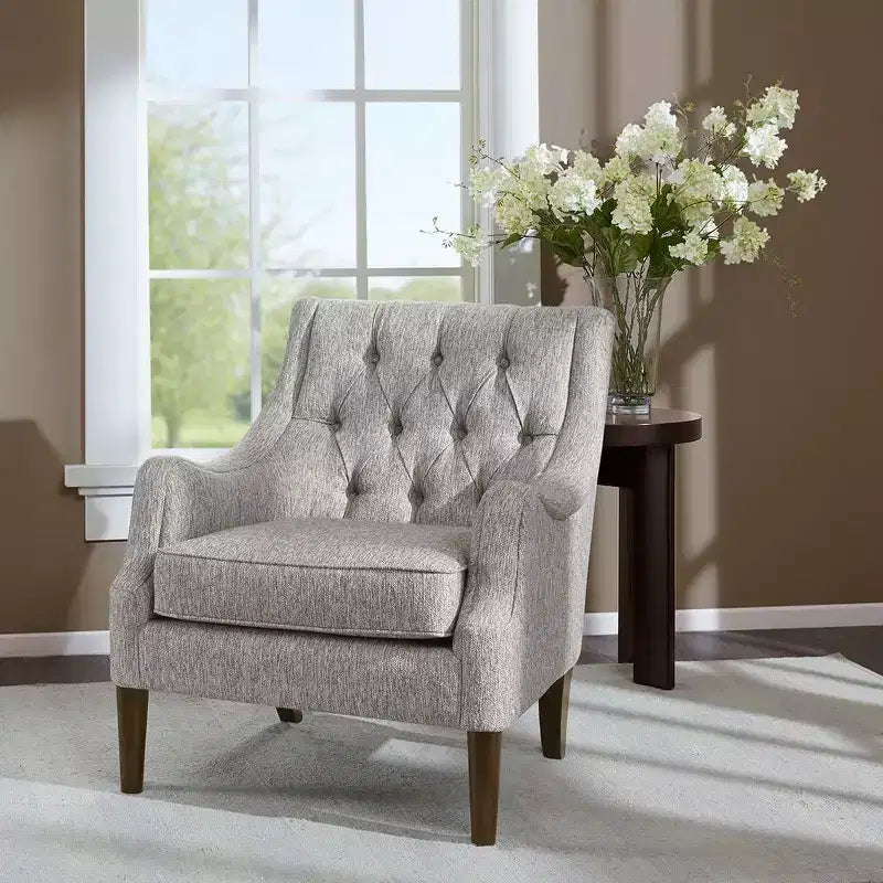 Fauteuil de salon capitonné contemporain avec coussin rembourré, fauteuil confortable avec pieds en bois pour chambre à coucher ou salle de lecture.