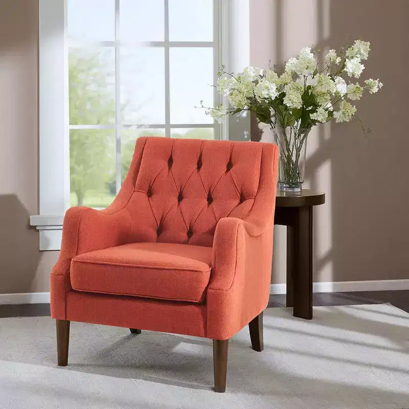 Fauteuil de salon capitonné contemporain avec coussin rembourré, fauteuil confortable avec pieds en bois pour chambre à coucher ou salle de lecture.