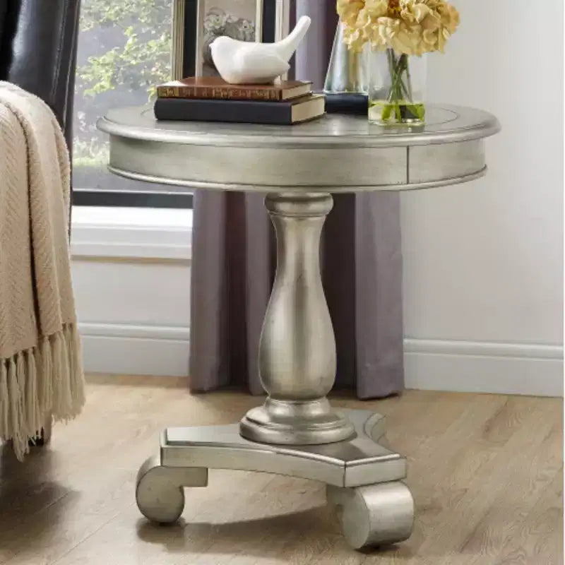 Table d'appoint avec piètement colonne en bois, design classique et robuste