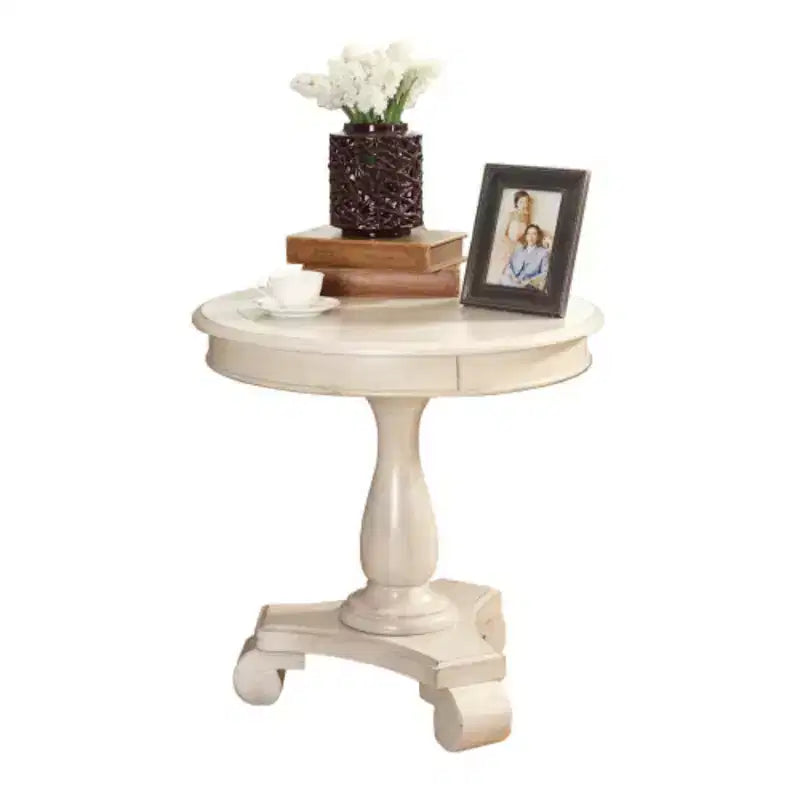 Table d'appoint avec piètement colonne en bois, design classique et robuste
