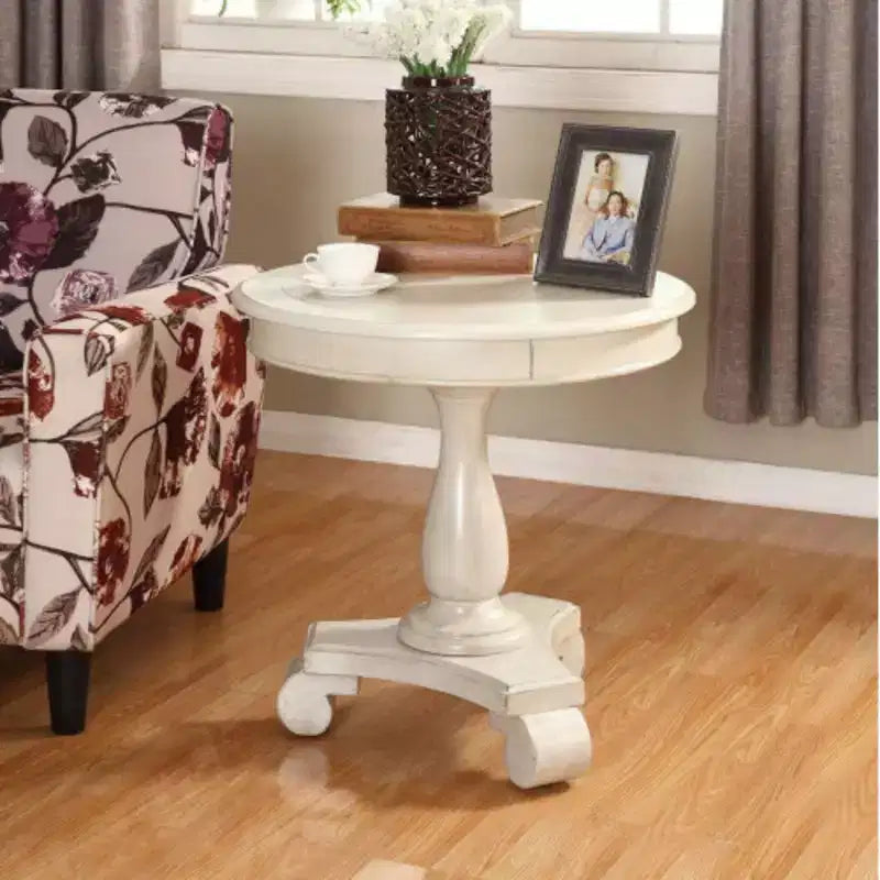 Table d'appoint avec piètement colonne en bois, design classique et robuste