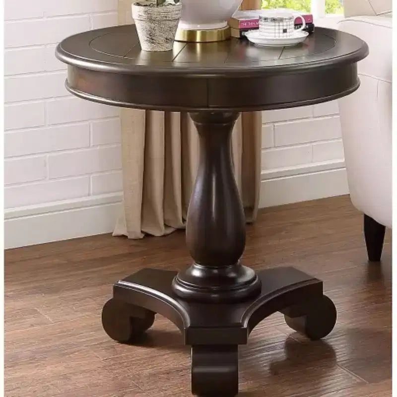 Table d'appoint avec piètement colonne en bois, design classique et robuste
