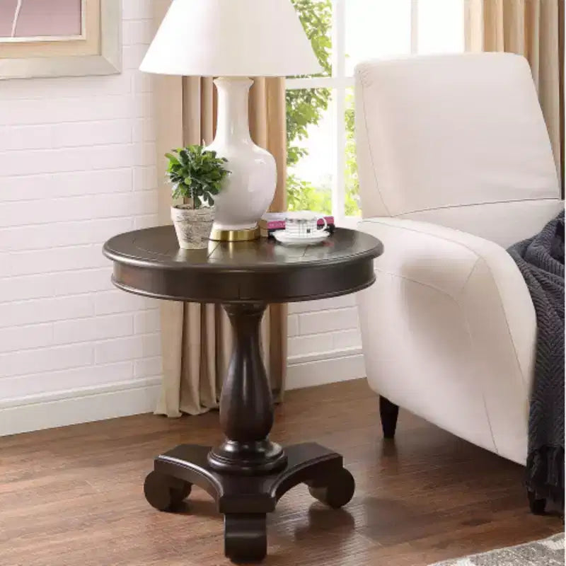 Table d'appoint avec piètement colonne en bois, design classique et robuste