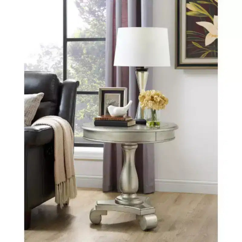 Table d'appoint avec piètement colonne en bois, design classique et robuste