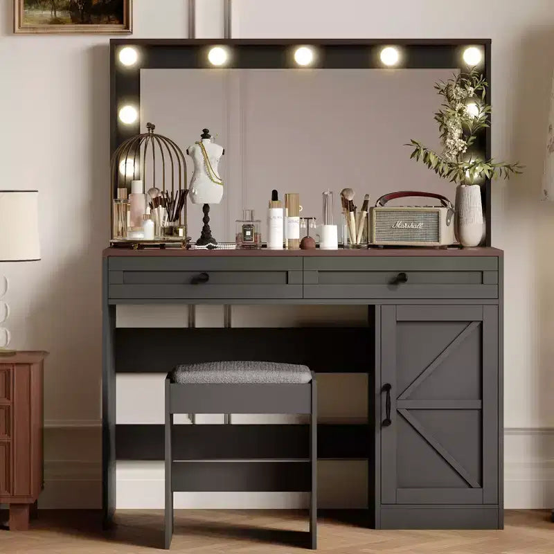 Okak Vanity Table with Drawers and Lights,43.4Makeup Vanity Table with Large Mirror and 11 LED Light and 3 Drawers,Black