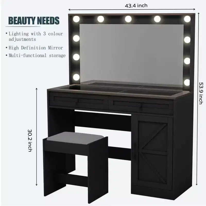 Coiffeuse avec tiroirs et lumières, Coiffeuse de 110 cm avec grand miroir et 11 lumières LED et 3 tiroirs, Noir