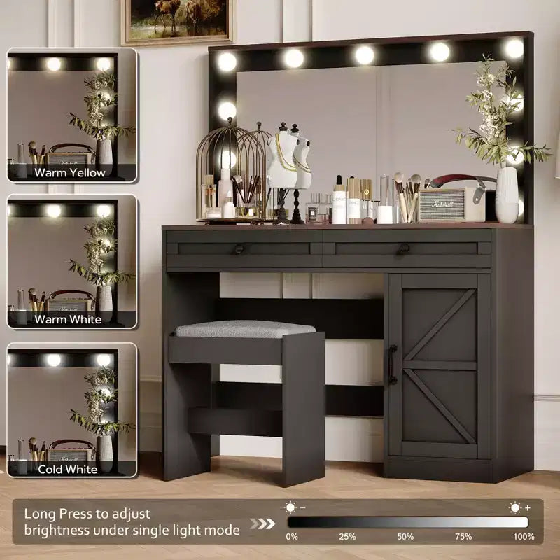 Coiffeuse avec tiroirs et lumières, Coiffeuse de 110 cm avec grand miroir et 11 lumières LED et 3 tiroirs, Noir
