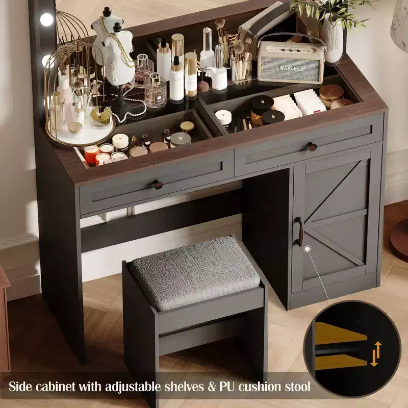 Coiffeuse avec tiroirs et lumières, Coiffeuse de 110 cm avec grand miroir et 11 lumières LED et 3 tiroirs, Noir