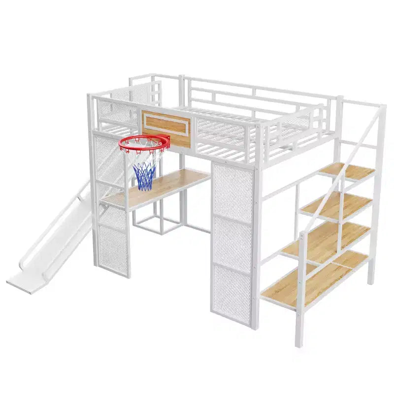Lit mezzanine pleine grandeur en métal avec bureau intégré, armoire ouverte, panier de basket, toboggan et escalier