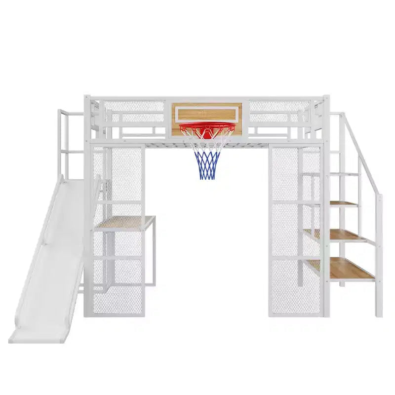 Lit mezzanine pleine grandeur en métal avec bureau intégré, armoire ouverte, panier de basket, toboggan et escalier