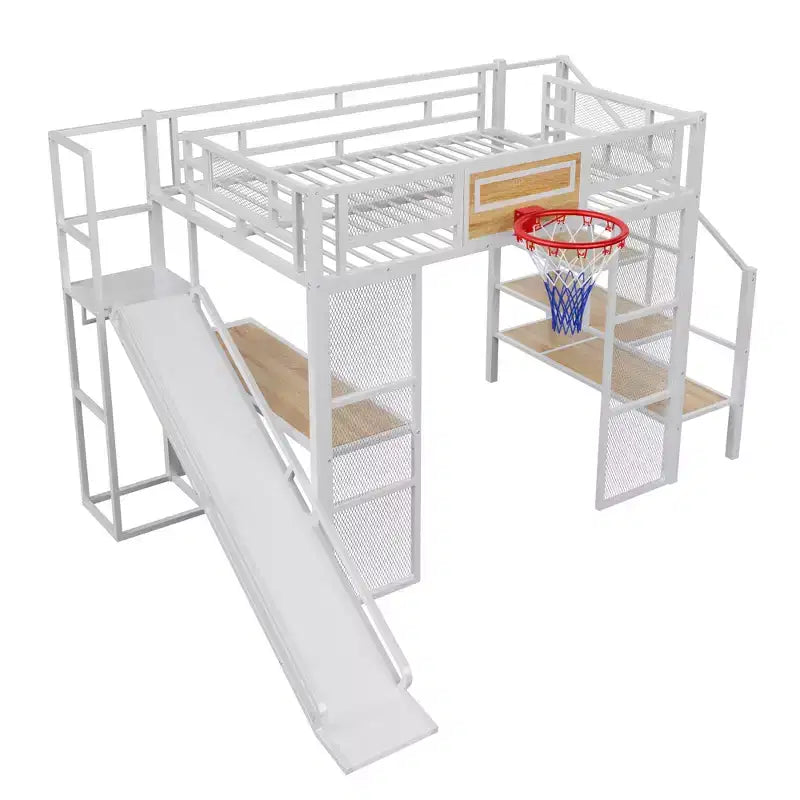 Lit mezzanine pleine grandeur en métal avec bureau intégré, armoire ouverte, panier de basket, toboggan et escalier