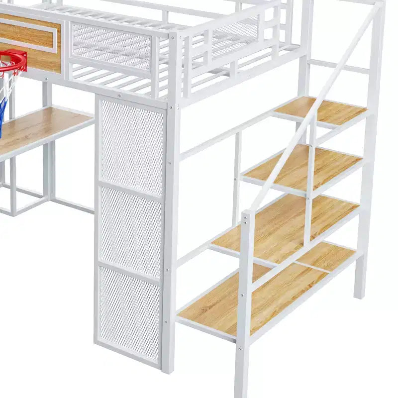 Lit mezzanine pleine grandeur en métal avec bureau intégré, armoire ouverte, panier de basket, toboggan et escalier