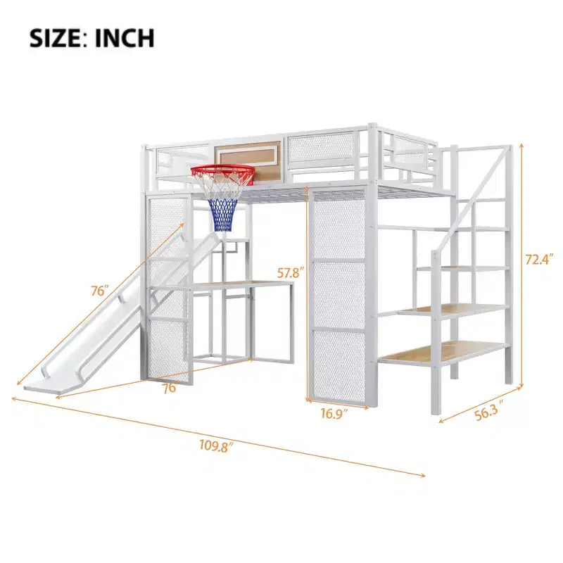 Lit mezzanine pleine grandeur en métal avec bureau intégré, armoire ouverte, panier de basket, toboggan et escalier