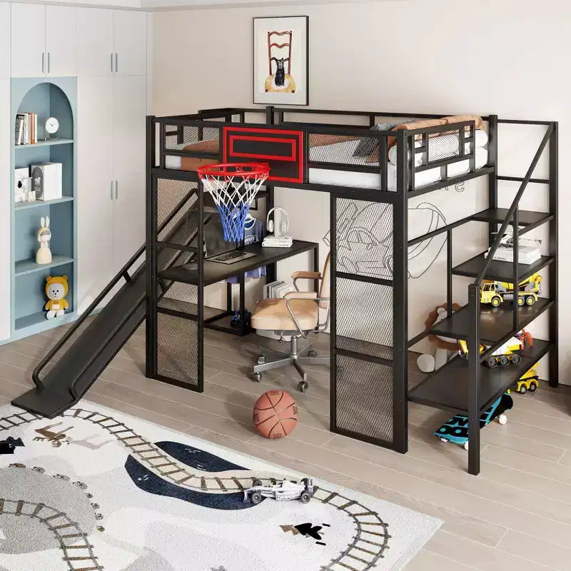 Lit mezzanine pleine grandeur en métal avec bureau intégré, armoire ouverte, panier de basket, toboggan et escalier