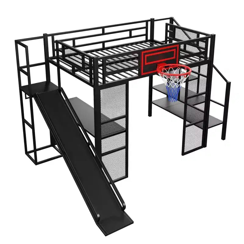 Lit mezzanine pleine grandeur en métal avec bureau intégré, armoire ouverte, panier de basket, toboggan et escalier