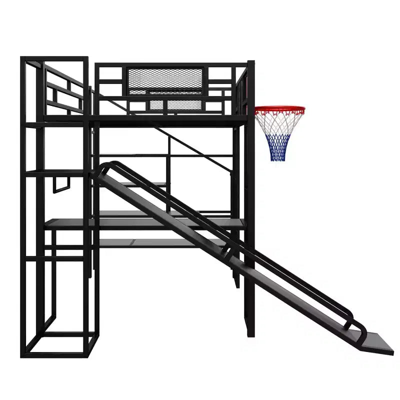 Lit mezzanine pleine grandeur en métal avec bureau intégré, armoire ouverte, panier de basket, toboggan et escalier