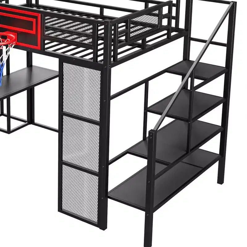 Lit mezzanine pleine grandeur en métal avec bureau intégré, armoire ouverte, panier de basket, toboggan et escalier