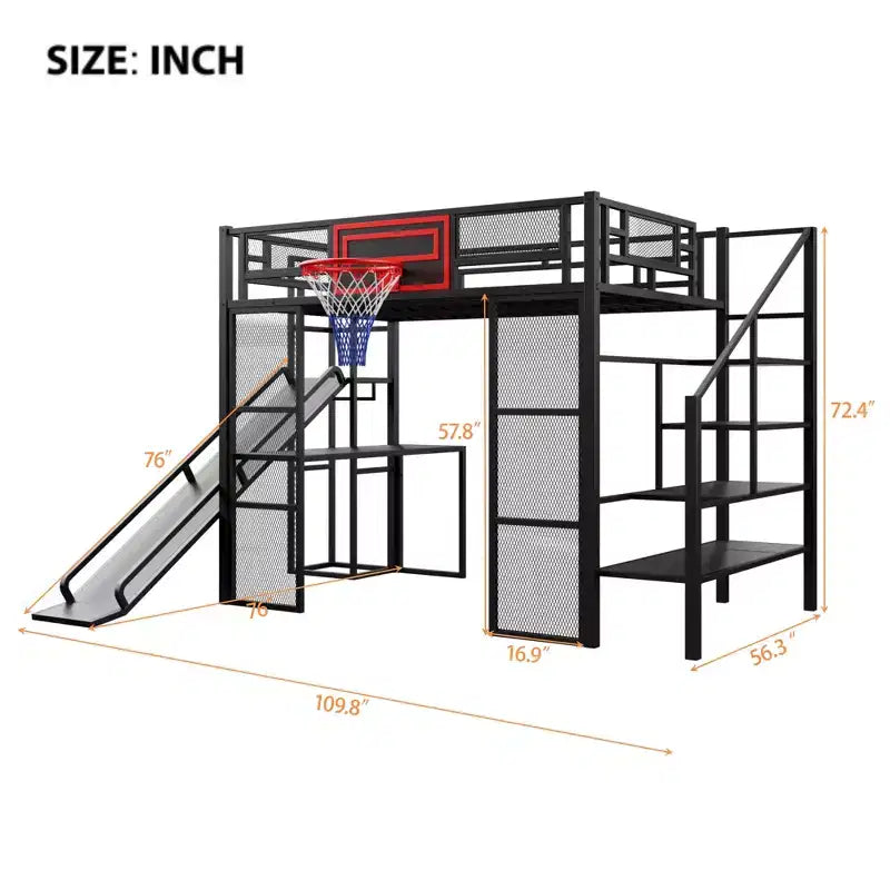 Lit mezzanine pleine grandeur en métal avec bureau intégré, armoire ouverte, panier de basket, toboggan et escalier
