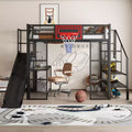Whisen Full Size Metal Loft Bed with Built-in Desk, Open Wardrobe, Basketball Hoop, Slide and Staircase