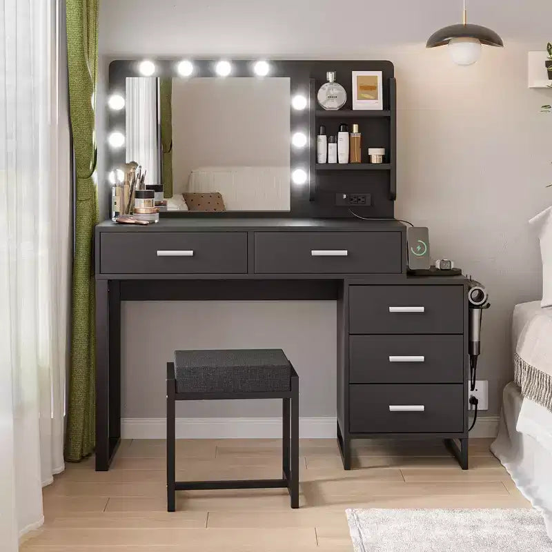 Okak 47 Vanity Desk with Large Mirror, Dressing Table Set with Charging Station, Makeup Vanity with 5 Drawers and Cabinet for Bedroom
