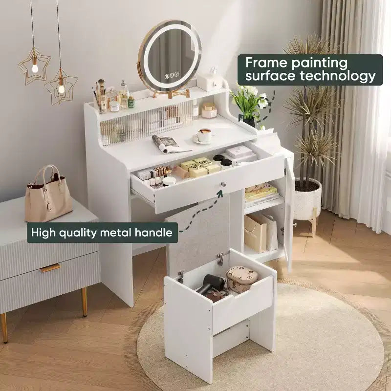 Coiffeuse de 119 cm avec grand miroir, table de maquillage avec station de charge, coiffeuse avec 5 tiroirs et armoire pour chambre à coucher
