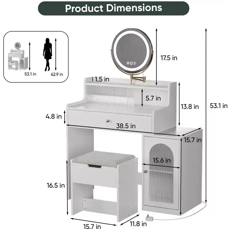 Coiffeuse de 119 cm avec grand miroir, table de maquillage avec station de charge, coiffeuse avec 5 tiroirs et armoire pour chambre à coucher