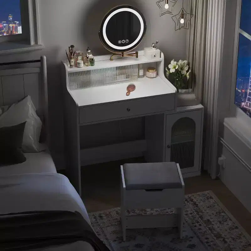 Coiffeuse de 119 cm avec grand miroir, table de maquillage avec station de charge, coiffeuse avec 5 tiroirs et armoire pour chambre à coucher