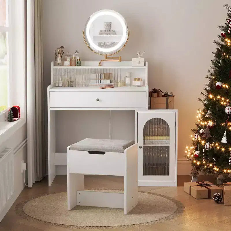 Coiffeuse de 119 cm avec grand miroir, table de maquillage avec station de charge, coiffeuse avec 5 tiroirs et armoire pour chambre à coucher