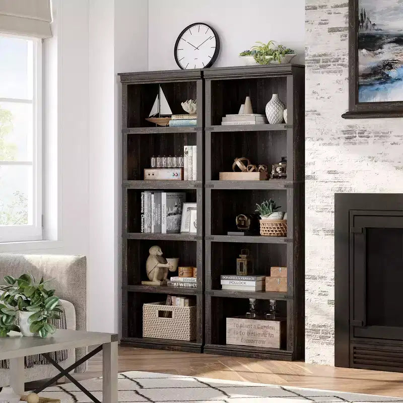 Étagère à 5 niveaux, Bibliothèque de style ferme pour bureau à domicile, salon, chambre à coucher