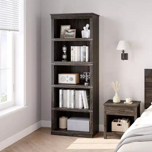 Étagère à 5 niveaux, Bibliothèque de style ferme pour bureau à domicile, salon, chambre à coucher