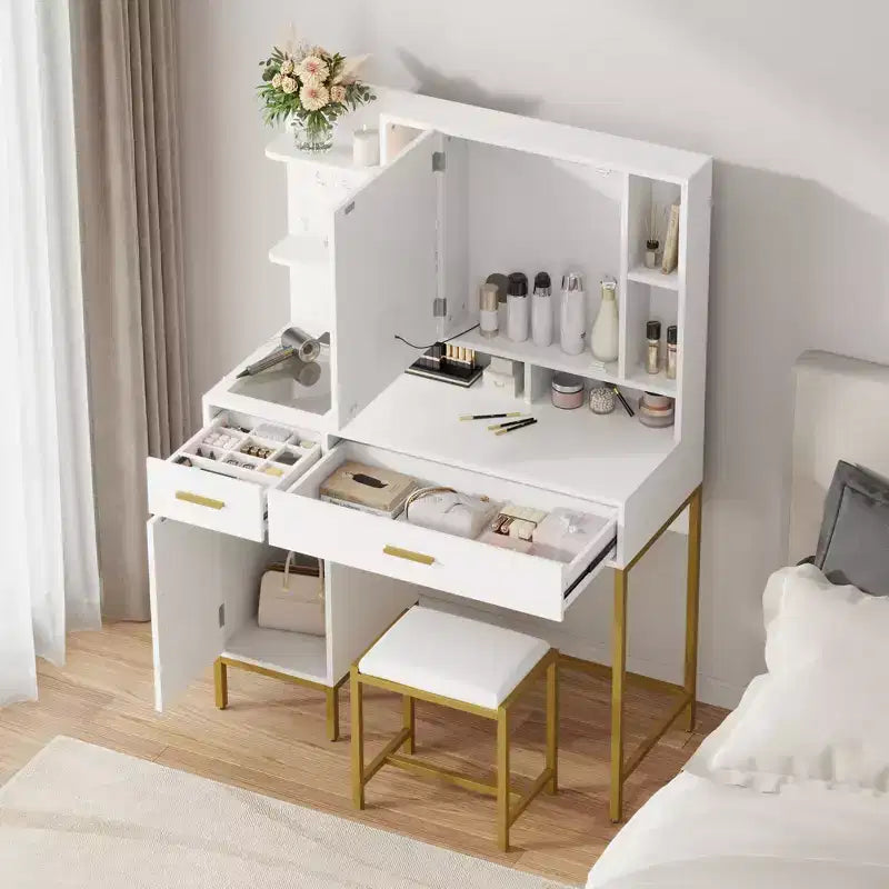 Coiffeuse avec miroir et lumières, Table de maquillage avec tiroirs, étagères ouvertes, armoires, Coiffeuse avec tabouret rembourré pour chambre à coucher