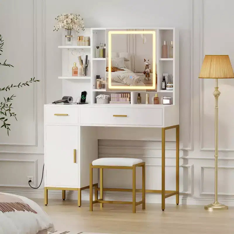 Coiffeuse avec miroir et lumières, Table de maquillage avec tiroirs, étagères ouvertes, armoires, Coiffeuse avec tabouret rembourré pour chambre à coucher