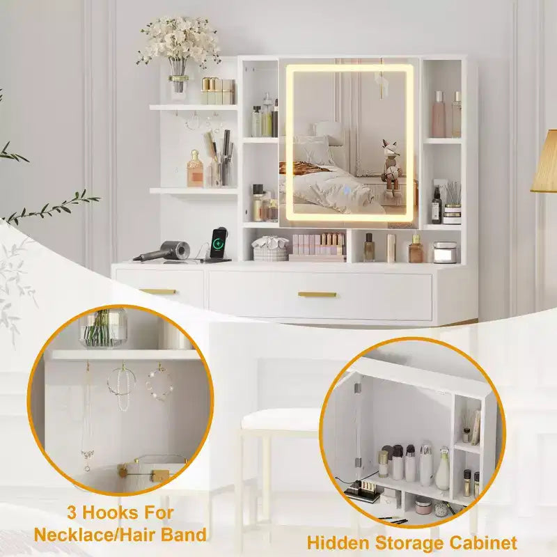 Coiffeuse avec miroir et lumières, Table de maquillage avec tiroirs, étagères ouvertes, armoires, Coiffeuse avec tabouret rembourré pour chambre à coucher