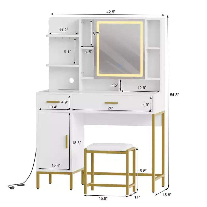 Coiffeuse avec miroir et lumières, Table de maquillage avec tiroirs, étagères ouvertes, armoires, Coiffeuse avec tabouret rembourré pour chambre à coucher