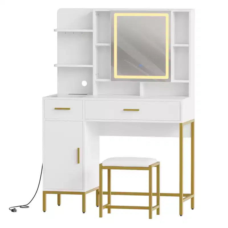 Coiffeuse avec miroir et lumières, Table de maquillage avec tiroirs, étagères ouvertes, armoires, Coiffeuse avec tabouret rembourré pour chambre à coucher