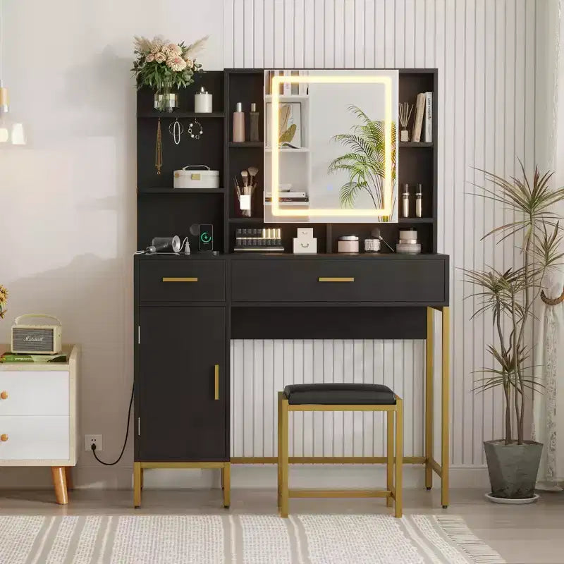 Coiffeuse avec miroir et lumières, Table de maquillage avec tiroirs, étagères ouvertes, armoires, Coiffeuse avec tabouret rembourré pour chambre à coucher