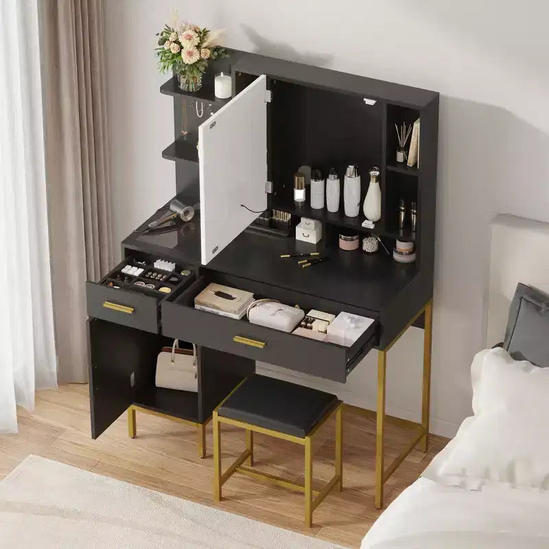 Coiffeuse avec miroir et lumières, Table de maquillage avec tiroirs, étagères ouvertes, armoires, Coiffeuse avec tabouret rembourré pour chambre à coucher
