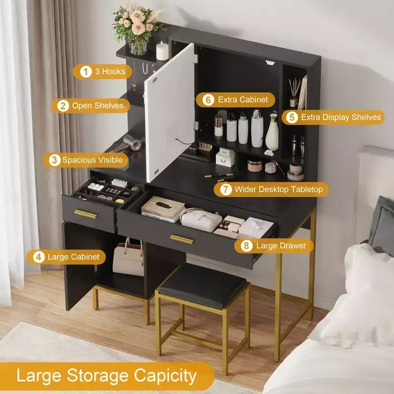 Coiffeuse avec miroir et lumières, Table de maquillage avec tiroirs, étagères ouvertes, armoires, Coiffeuse avec tabouret rembourré pour chambre à coucher