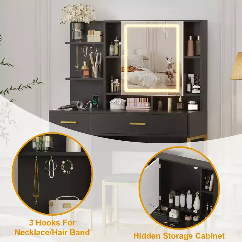 Coiffeuse avec miroir et lumières, Table de maquillage avec tiroirs, étagères ouvertes, armoires, Coiffeuse avec tabouret rembourré pour chambre à coucher