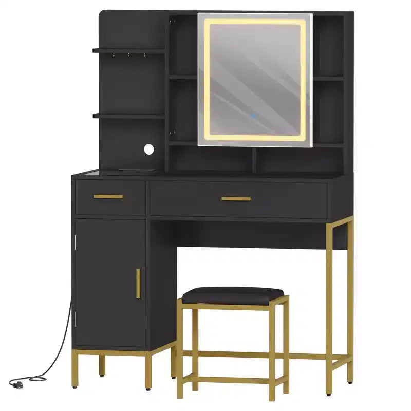 Coiffeuse avec miroir et lumières, Table de maquillage avec tiroirs, étagères ouvertes, armoires, Coiffeuse avec tabouret rembourré pour chambre à coucher