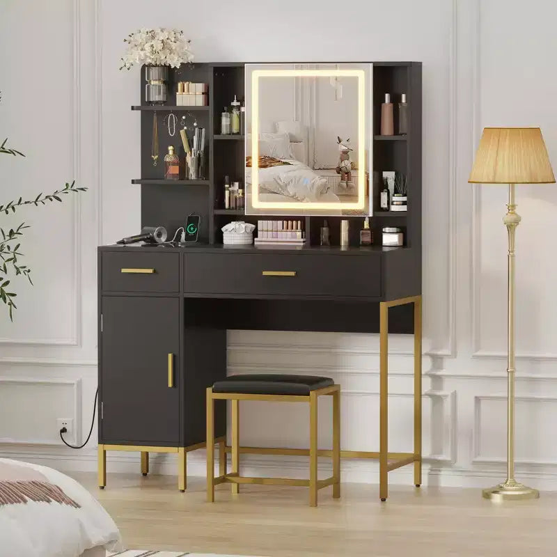 Makeup Vanity Desk with Mirror and Lights, Makeup Vanity Table with Drawers, Open Shelves, Cabinets, Dressing Table with Cushioned Stool for Bedroom