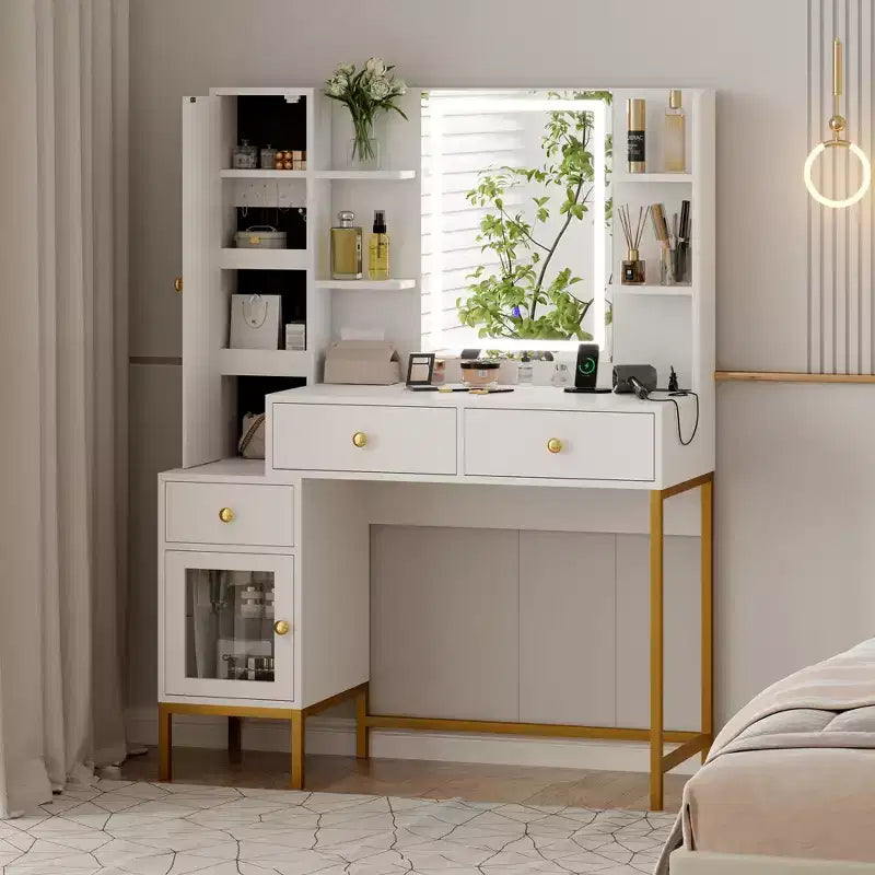 Coiffeuse Lumineuse, Coiffeuse avec Tabouret, Table de Maquillage Moderne, 3 Tiroirs, Armoire Étagères Ouvertes pour Chambre à Coucher