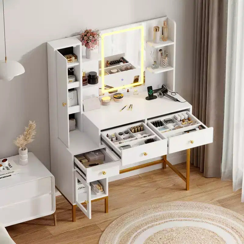 Coiffeuse Lumineuse, Coiffeuse avec Tabouret, Table de Maquillage Moderne, 3 Tiroirs, Armoire Étagères Ouvertes pour Chambre à Coucher
