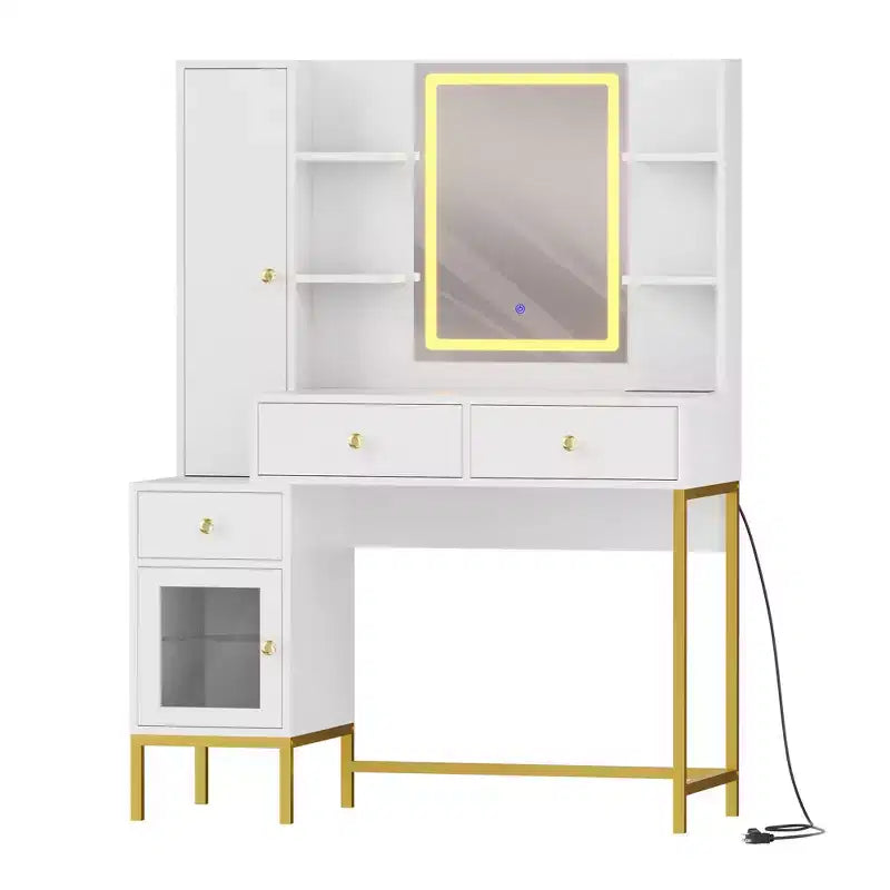 Coiffeuse Lumineuse, Coiffeuse avec Tabouret, Table de Maquillage Moderne, 3 Tiroirs, Armoire Étagères Ouvertes pour Chambre à Coucher