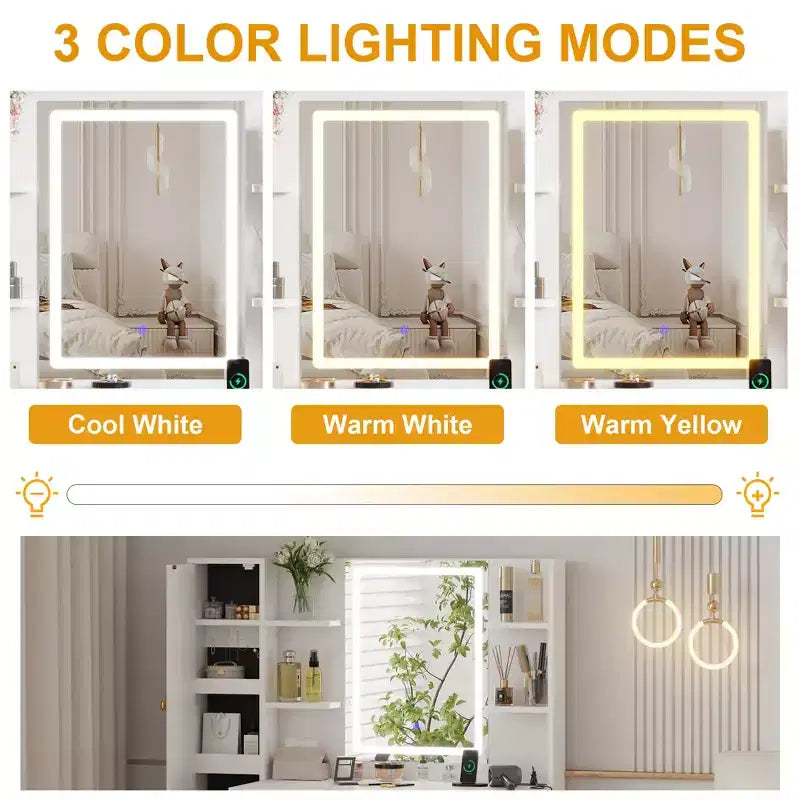 Coiffeuse Lumineuse, Coiffeuse avec Tabouret, Table de Maquillage Moderne, 3 Tiroirs, Armoire Étagères Ouvertes pour Chambre à Coucher