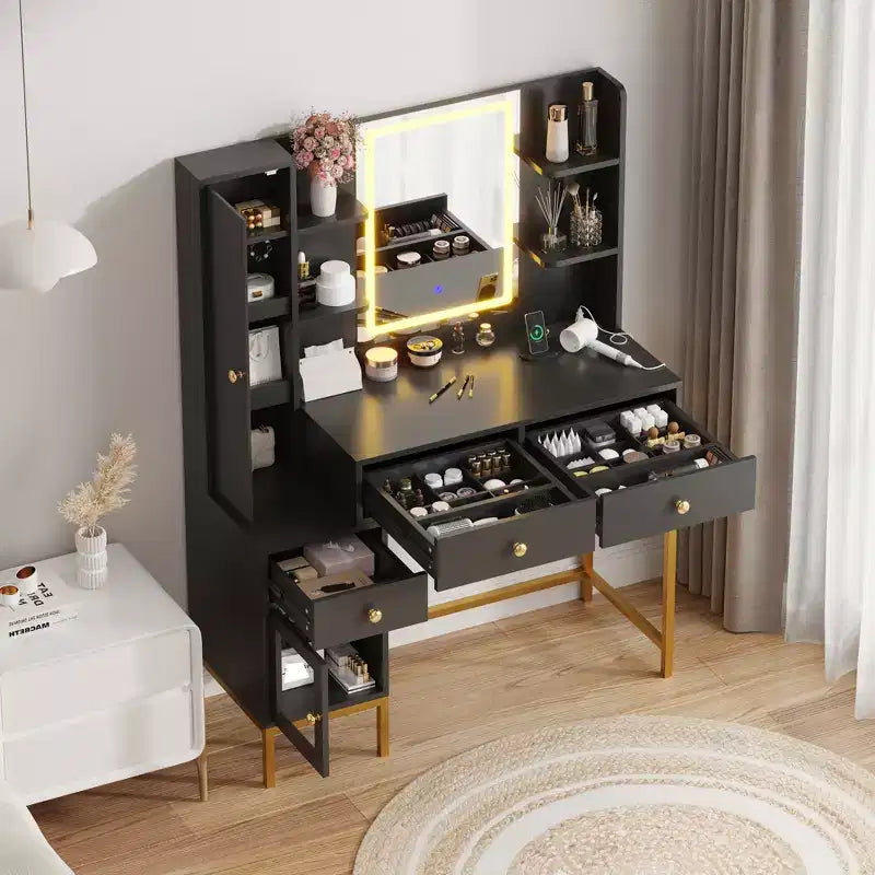 Coiffeuse Lumineuse, Coiffeuse avec Tabouret, Table de Maquillage Moderne, 3 Tiroirs, Armoire Étagères Ouvertes pour Chambre à Coucher