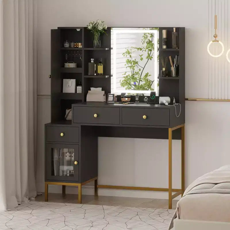 Coiffeuse Lumineuse, Coiffeuse avec Tabouret, Table de Maquillage Moderne, 3 Tiroirs, Armoire Étagères Ouvertes pour Chambre à Coucher