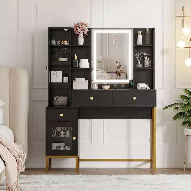 Coiffeuse Lumineuse, Coiffeuse avec Tabouret, Table de Maquillage Moderne, 3 Tiroirs, Armoire Étagères Ouvertes pour Chambre à Coucher