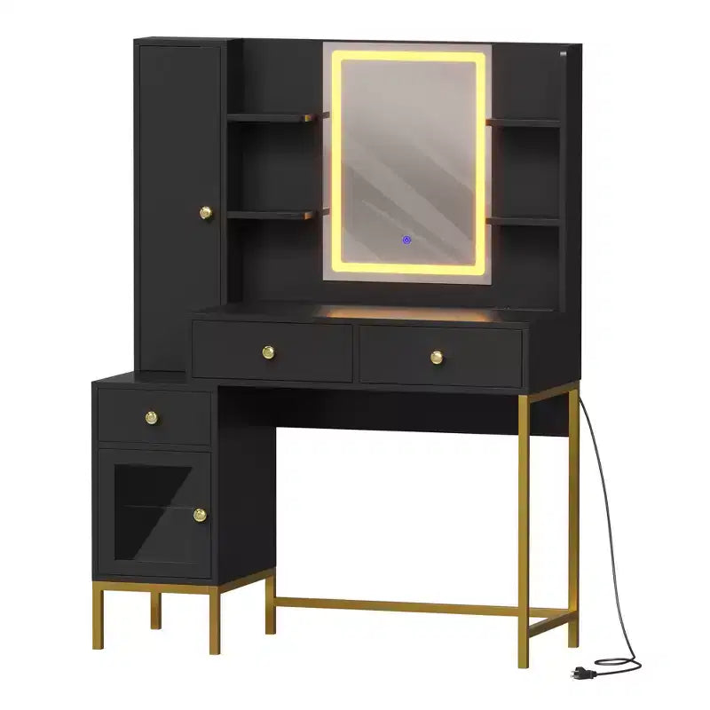 Coiffeuse Lumineuse, Coiffeuse avec Tabouret, Table de Maquillage Moderne, 3 Tiroirs, Armoire Étagères Ouvertes pour Chambre à Coucher