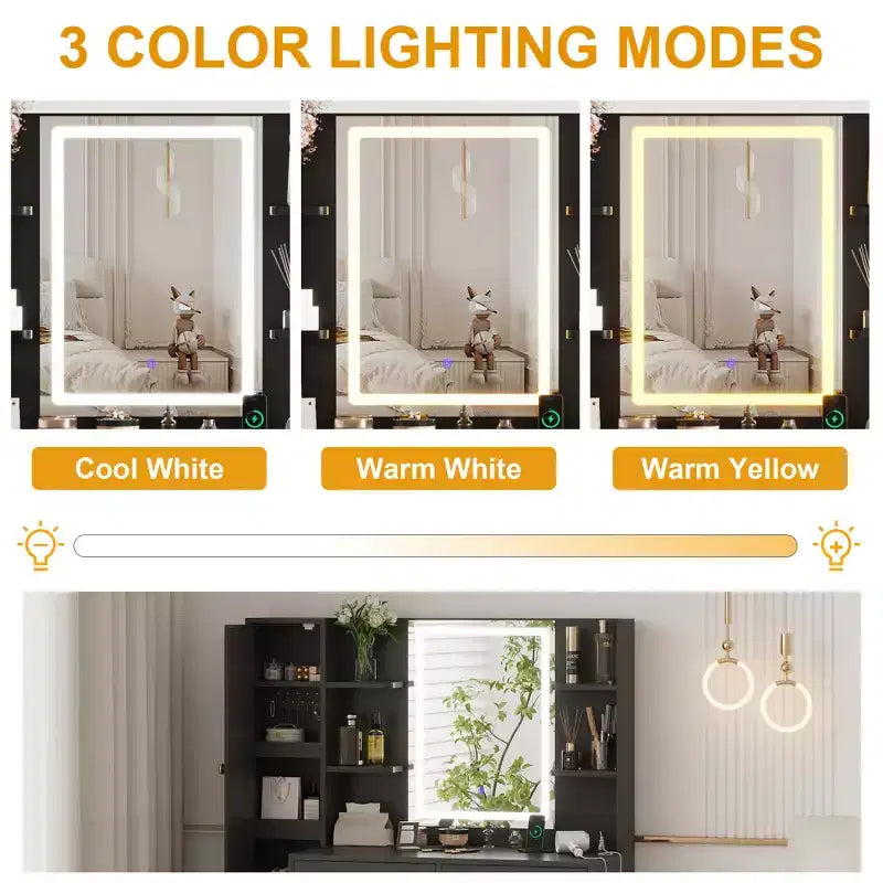 Coiffeuse Lumineuse, Coiffeuse avec Tabouret, Table de Maquillage Moderne, 3 Tiroirs, Armoire Étagères Ouvertes pour Chambre à Coucher